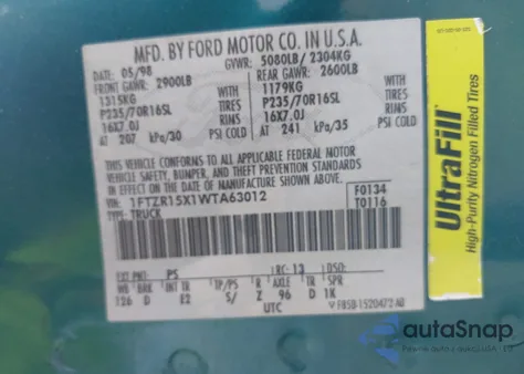 1998 Ford Ranger Splash/Xl/Xlt z USA, uszkodzony, nr VIN 1FTZR15X1WTA63012